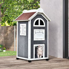 PawHut Wooden Cat House, Weatherproof Pet Shelter, Outdoor Cat Condos Cave, 2 Floor Furniture, Grey and White