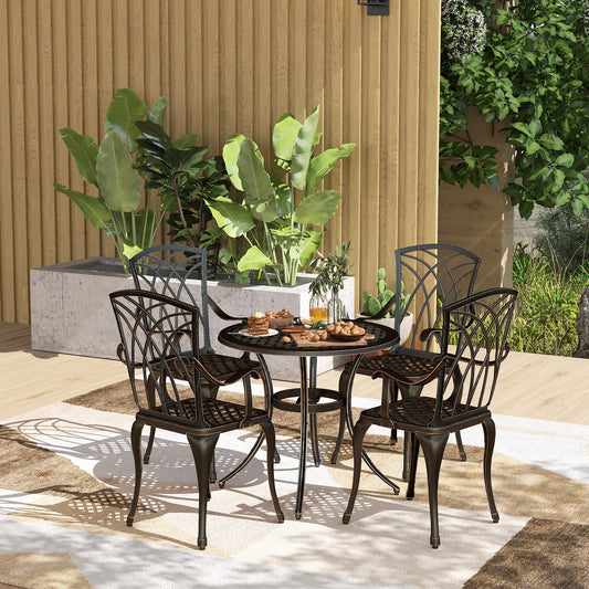 Outsunny 5 Pieces Garden Dining Set for 4, Cast Aluminium Outdoor Dining Set with 4 Armchairs and Round Dining Table with Parasol Hole, Garden Furniture Set, Bronze Tone