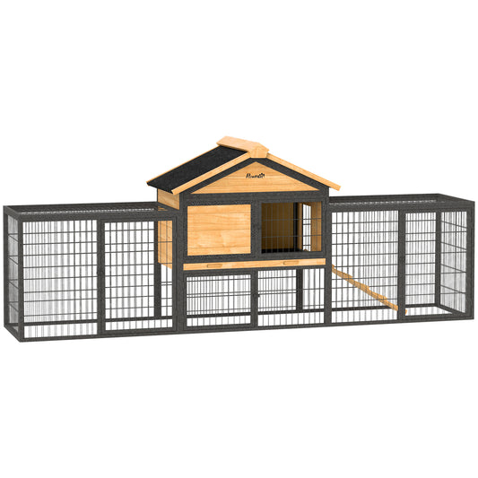 PawHut Wooden Rabbit Hutch Outdoor with Steel Run, Wooden Guinea Pig Cage with Removable Plastic Tray, Asphalt Roof, Ramp