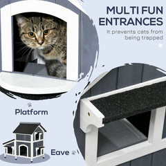 PawHut Wooden Cat House with Flower Pot, Windows, Multiple Entrances, Water-Resistant Roof for Outdoor - Grey