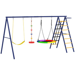 AIYAPLAY 6 in 1 Metal Kids Swing Set with 3 Swings, Climbing Ladder & Net, Basketball Hoop, for Ages 3-8