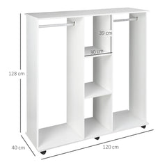 HOMCOM Open Wardrobe Double Mobile Storage Shelves Organizer W/6 Wheels-White