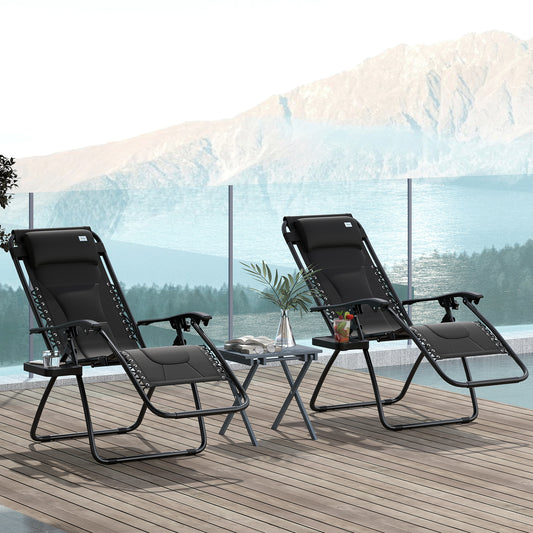 Outsunny Zero Gravity Lounger Chair Set of 2, Folding Reclining Patio Chair with Padded Seat, Cup Holder, Soft Cushion and Headrest for Poolside, Camping, Black