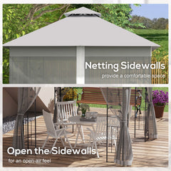 Outsunny 3(m) x 3(m) Double Roof Outdoor Garden Gazebo Canopy Shelter with Netting, Solid Steel Frame, Light Grey