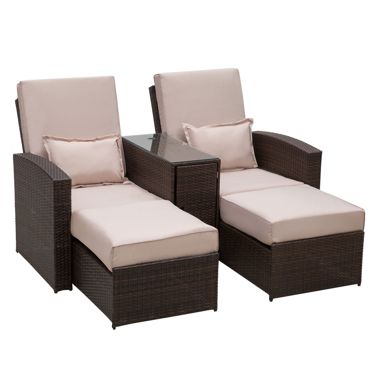 Outsunny 2-Seater Rattan Sofa Lounger Set-Brown