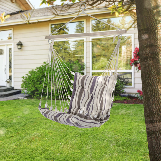 Outsunny Outdoor Hanging Rope Chair with Soft Padded Seat & Backrest, Garden Hammock Chair with Wooden Support Bar Cotton Cloth, Portable Garden Chair for Patio & Tree, Brown