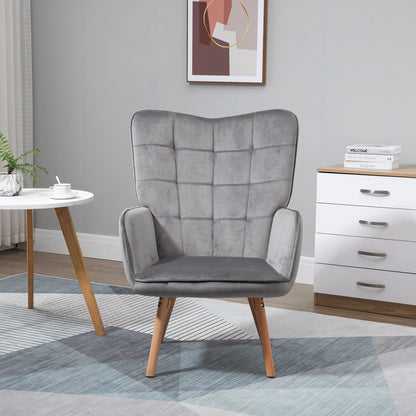 HOMCOM Modern Accent Chair, Upholstered Tufted Wingback Armchair with Seat Padding, Velvet Leisure Lounge Bedroom Chair with Wood Legs, Grey