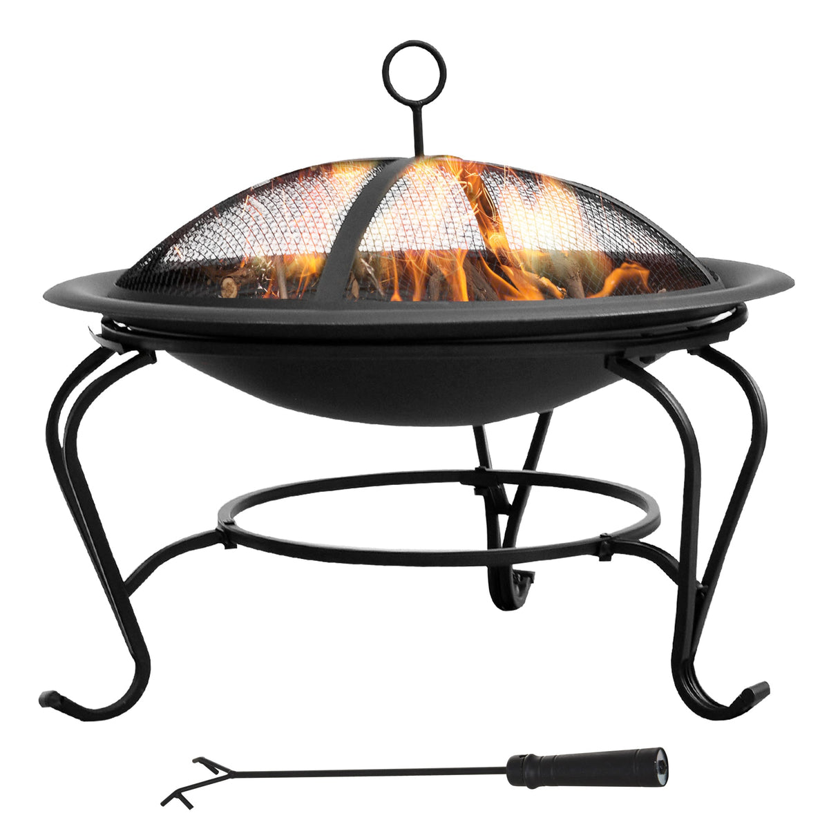 Outsunny Metal Firepit Bowl Outdoor Round Fire Pit w/ Lid, Log Grate, Poker for Backyard, Camping, BBQ, Bonfire, Wood Burning Stove, 56 x 56 x 45cm, Black