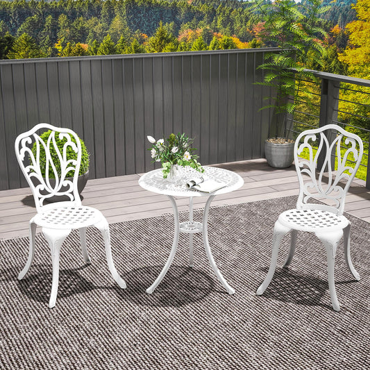 Outsunny 3 Piece Garden Bistro Set, Cast Aluminium Outdoor Furniture Set with Umbrella Hole for Balcony, Porch, Patio, White