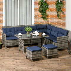 Outsunny 7-Seater Patio wicker Sofa Set Rattan Chair Furniture w/ Glass & Cushioned, Dark Blue