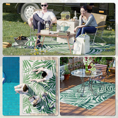 Outsunny Reversible Outdoor RV Rug, 1.5 x 2.4m Patio Floor Mat, Waterproof Plastic Straw Rug for Garden, Deck, Picnic, Beach, Camping, Green Leaves, Green and White