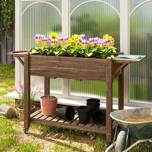 Outsunny 46 x 94cm Wooden Raised Planter, with Shelves - Carbonised