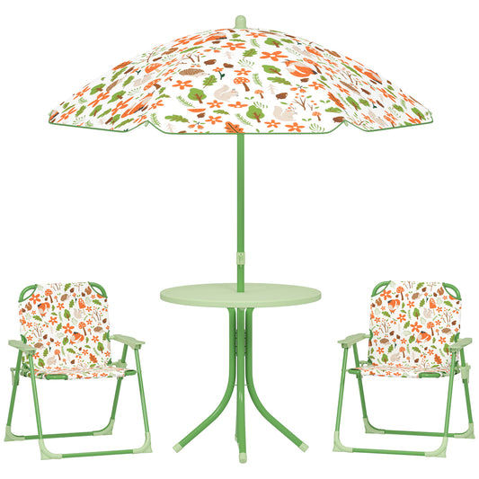 AIYAPLAY 4 Pieces Kids Garden Table and Chair Set with Adjustable Parasol, Folding Chairs, Table, Fox Pattern, Green