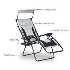 Outsunny Zero Gravity Lounger Chair, Folding Reclining Patio Chair with Shade Cover, Padded Seat, Cup Holder, Soft Cushion and Headrest for Poolside, Camping, Grey