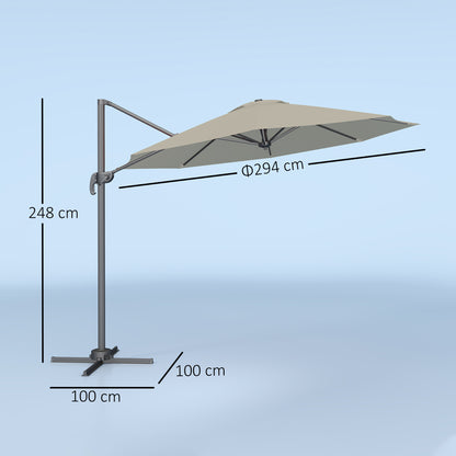 Outsunny 3 x 3(m) Cantilever Parasol with Cross Base, Garden Umbrella with 360√Ç¬∞ Rotation, Crank Handle and Tilt for Outdoor, Light Grey