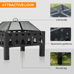 Outsunny 66cm Outdoor Fire Pit with Screen Cover, Wood Burner, Log Burning Firepit Bowl with Poker for Patio, Backyard, Black