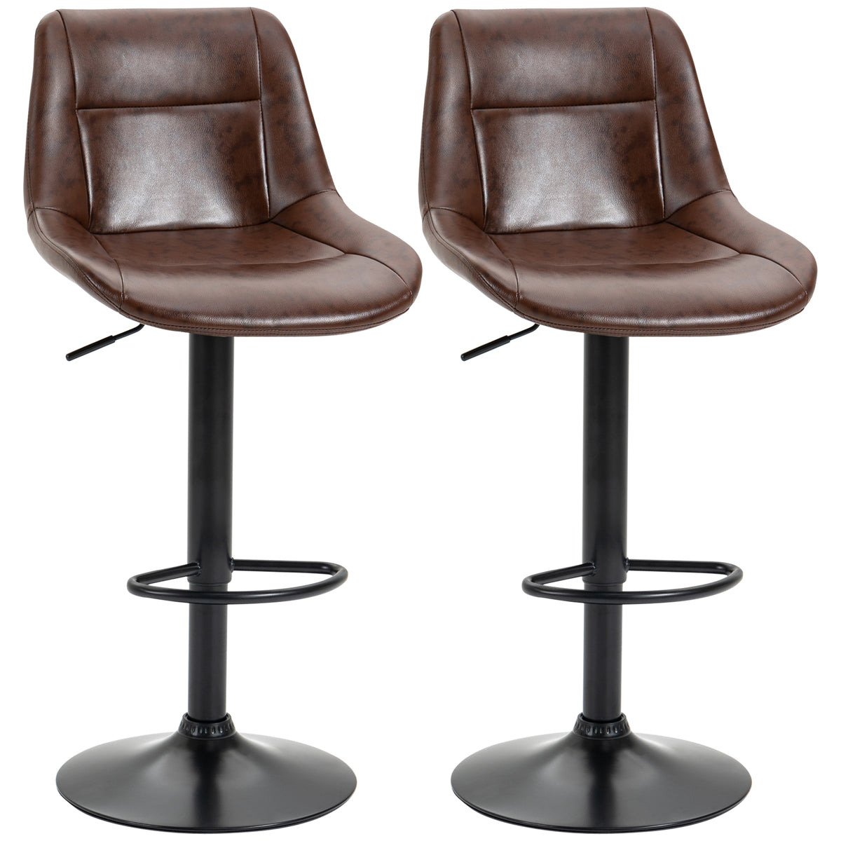 HOMCOM Adjustable Bar Stools Set of 2, Modern Kitchen Stools, 360 Degree Swivel Bar Height Barstools in PU Leather with Footrest, Brown