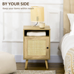 HOMCOM Bedside Table with Rattan Element, Side End Table with Shelf and Cupboard, 39cmx35cmx60cm, Natural