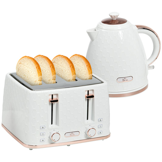 HOMCOM 1.7L 3000W Fast Boil Kettle & 4 Slice Toaster Set, Kettle and Toaster Set with 7 Browning Controls, Crumb Tray, White