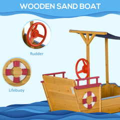 Outsunny Kids Wooden Sand Pit Children Sandbox Pirate Ship Sandboat Play Station for Outdoor w/ Canopy Shade Storage Bench Bottom Liner