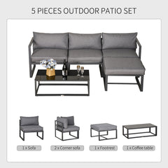 Outsunny 5 Pieces Outdoor Patio Furniture Set, Sofa Couch with Glass Coffee Table, Cushioned Chairs and Aluminum Tube, for Balcony Garden Backyard, Grey