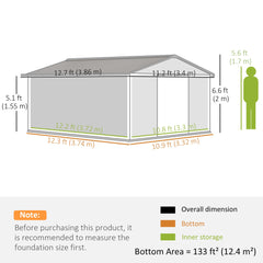 Outsunny 13 x 11ft Metal Garden Shed, Outdoor Storage Tool House with Ventilation Slots, Foundation Kit and Lockable Double Doors, Light Brown