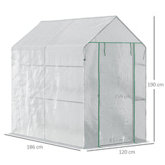 Outsunny Walk In Greenhouse with 2-Tier Shelves, Roll up Zip Panel Door, Garden Polytunnel Steeple Grow House for Outdoor, 6 x 4 x 6ft White