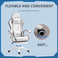 Vinsetto Computer Gaming Chair, PU Leather Desk Chair with Footrest, Swivel Task Chair with 135√Ç¬∞ Reclining Back and Lumbar Support, PC Chair for Adults, White and Grey