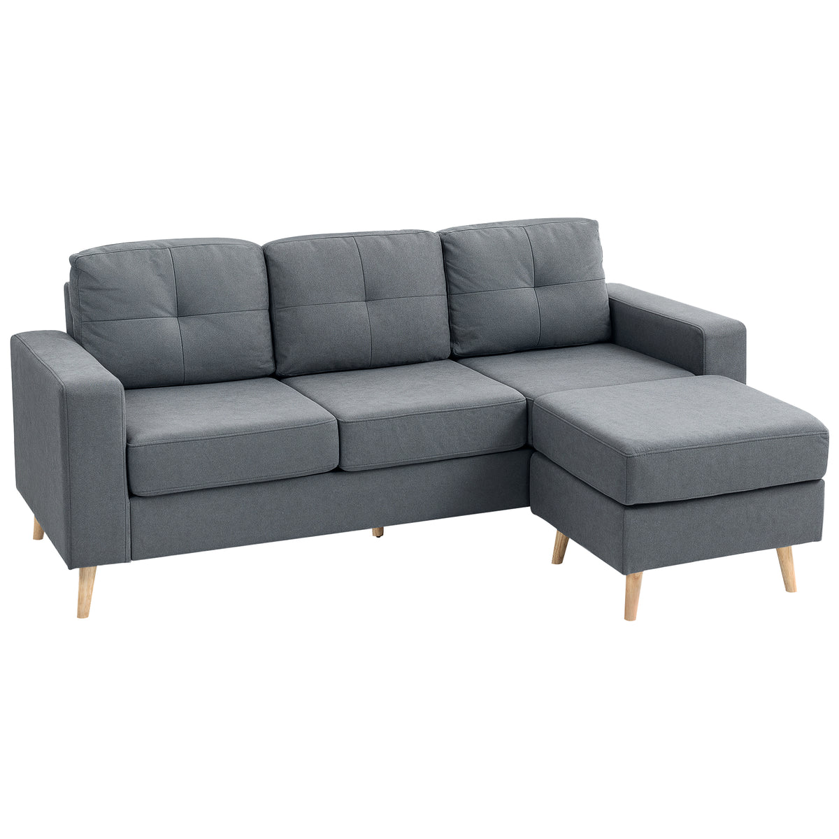 HOMCOM 3 Seater Sofa with Footstool, Fabric L-Shaped Sofa, Sectional Couch with Wood Legs, Tufting Cushioned Back for Small Space, Living Room, Office, Dark Grey