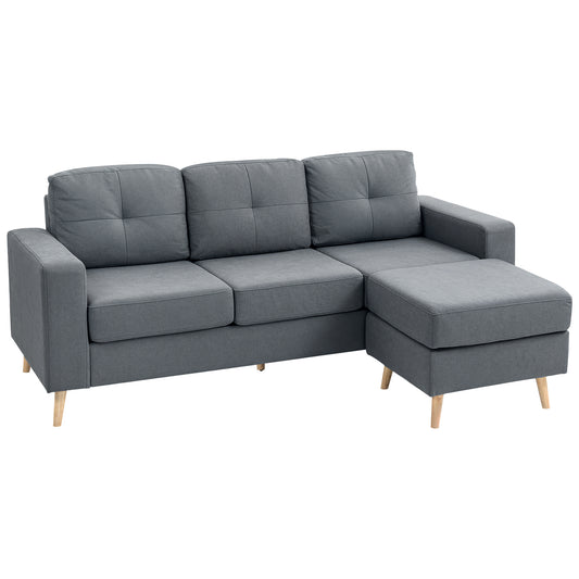 HOMCOM 3 Seater Sofa with Footstool, Fabric L-Shaped Sofa, Sectional Couch with Wood Legs, Tufting Cushioned Back for Small Space, Living Room, Office, Dark Grey