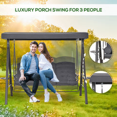 Outsunny 3 Seater Garden Swing Chair Outdoor Hammock Bench w/ Adjustable Canopy, Cushions and Cup Trays, Brown Steel Frame, Dark Grey Fabric