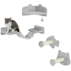 PawHut 4-Piece Cat Wall Shelves with Steps, Ladder, Jumping Platforms, Light Grey