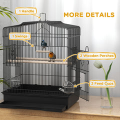 PawHut Large Metal Bird Cage with Perches, Food Bowls, Swing for Budgie, Parakeet, 46.5 x 36 x 59cm, Black