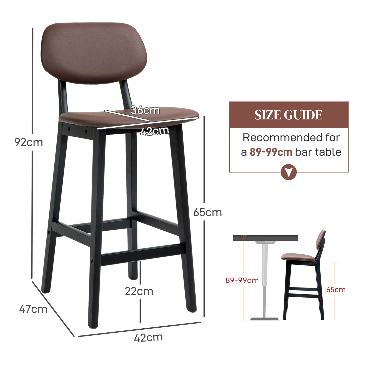 HOMCOM Bar Stools Set of 2, Contemporary Breakfast Bar Chairs, Faux Leather Upholstered Kitchen Stools with Backs and Solid Wood Legs, Brown