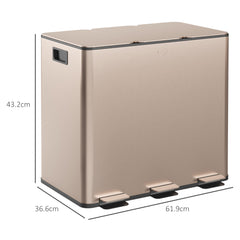 HOMCOM 45L Triple Compartment Stainless Steel Bin, with Deodoriser Holders - Gold Tone