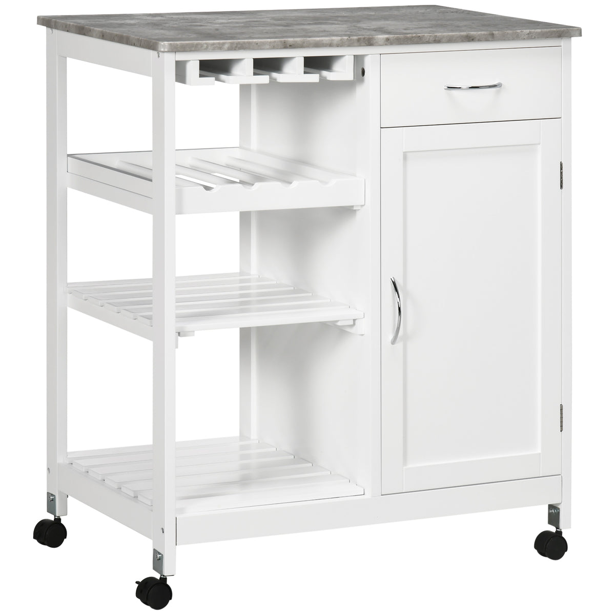 HOMCOM Compact Kitchen Trolley Utility Cart on Wheels with Wine Rack, Drawer, Open Shelf and Storage Cabinet for Dining Room, White