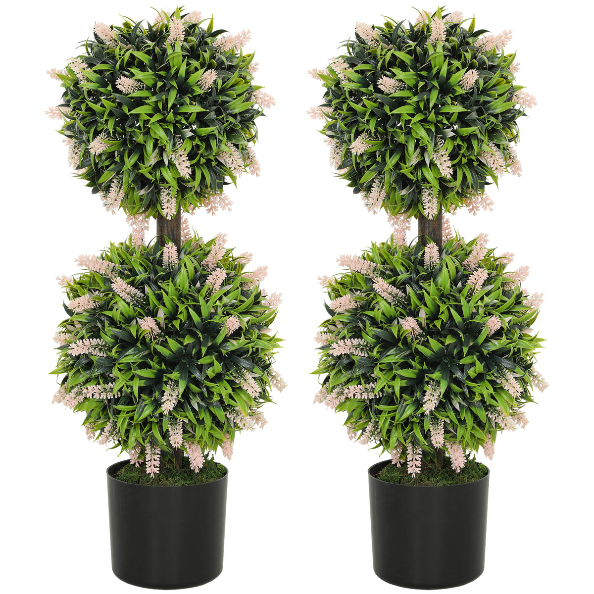 HOMCOM Set of 2 Decorative Artificial Plants Ball Trees with Lavender Flowers in Pot Fake Plants for Home Indoor Outdoor Decor, 70cm, Pink