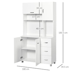 HOMCOM Kitchen Cupboard, 183cm Tall Storage Cabinet with Countertop, Sideboard with 3 Drawers, 4 Doors and Open Shelves, 100W x 39.5D x 183.5H cm, White