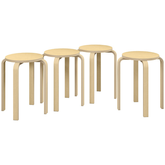 HOMCOM Stackable Stools Set of 4, Modern Stacking Chairs, Round Backless Stools for Kitchen, Dining Room, Office, Outdoors, Nature Wood Finish