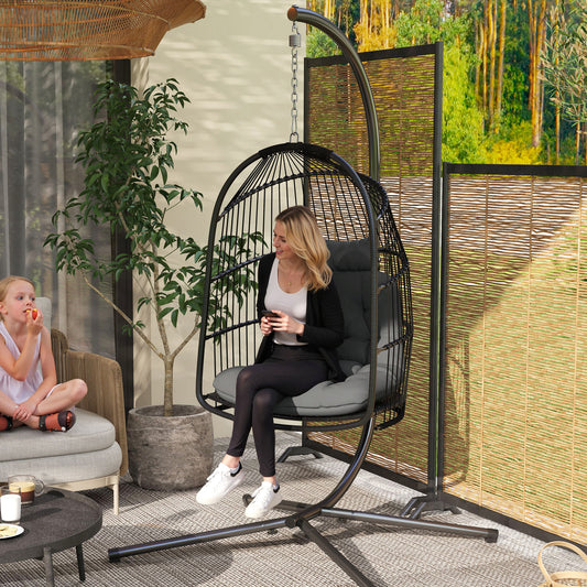 Outsunny Hanging Egg Chair Outdoor Indoor Rattan Swing Chair with Installation Kit, Foldable Garden Hanging Seat with Thickened Cushion, Headrest, Dark Grey