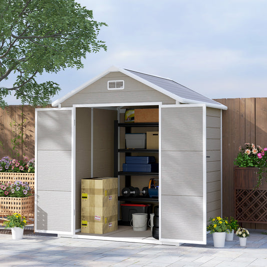 Outsunny 6 x 5ft Garden Shed, Plastic Shed with Floor, Window, Lockable Doors and Vents, Wood Effect Resin Tool Shed for Outdoor Patio, Dark Grey