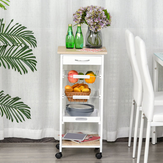 HOMCOM Mobile Rolling Kitchen Island Trolley for Home w/ Metal Baskets Trays Shelves Wheels Compact Stylish Storage White