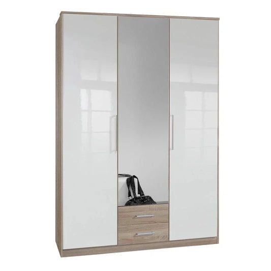 GEMA 3 Door Mirrored Wardrobe Oak and White Gloss 135cm