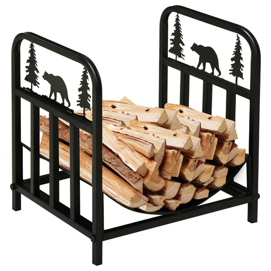 Outsunny Metal Firewood Log Holder Indoor Outdoor Firewood Rack Inner Arced Fireplace Wood Storage Shelf w/ Bear Shape Design, Rust-Resistant, Black, 42W x 33.5D x 43H cm