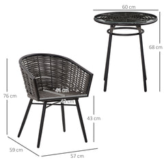 Outsunny 3 Pieces Rattan Bistro Set, Wicker Garden Furniture Set with Round Glass Top Coffee Table and Chairs, Washable Cushions for Outdoor, Patio, Balcony, Grey