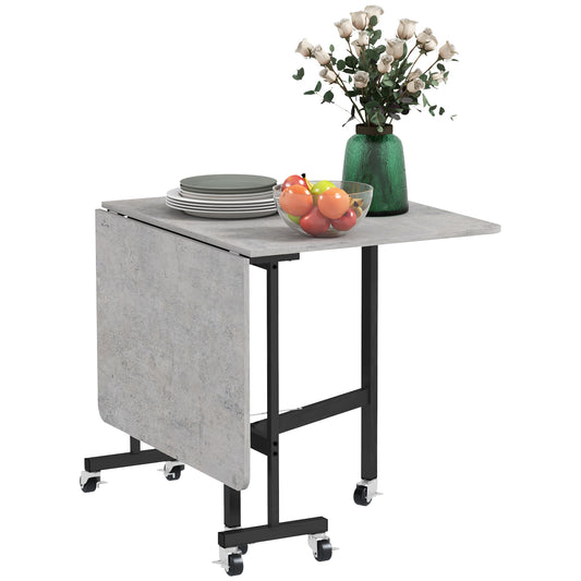 HOMCOM Mobile Drop Leaf Table, Folding Dining Table with 6 Wheels & Brakes, Kitchen Table for Small Spaces, Grey Marble Effect