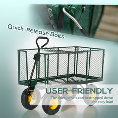 Outsunny Large 4 Wheel Heavy Duty Garden Cart Truck Trolley Wheelbarrow with Handle and Metal Frame - Green