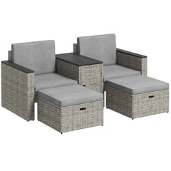 Outsunny 5 Piece Rattan Garden Furniture Set, Nesting Outdoor Furniture Conversation Set with 2 Footstools, WPC Storage Coffee Table and Cushions, Wicker Garden Sofa for Conservatory, Terrace, Grey