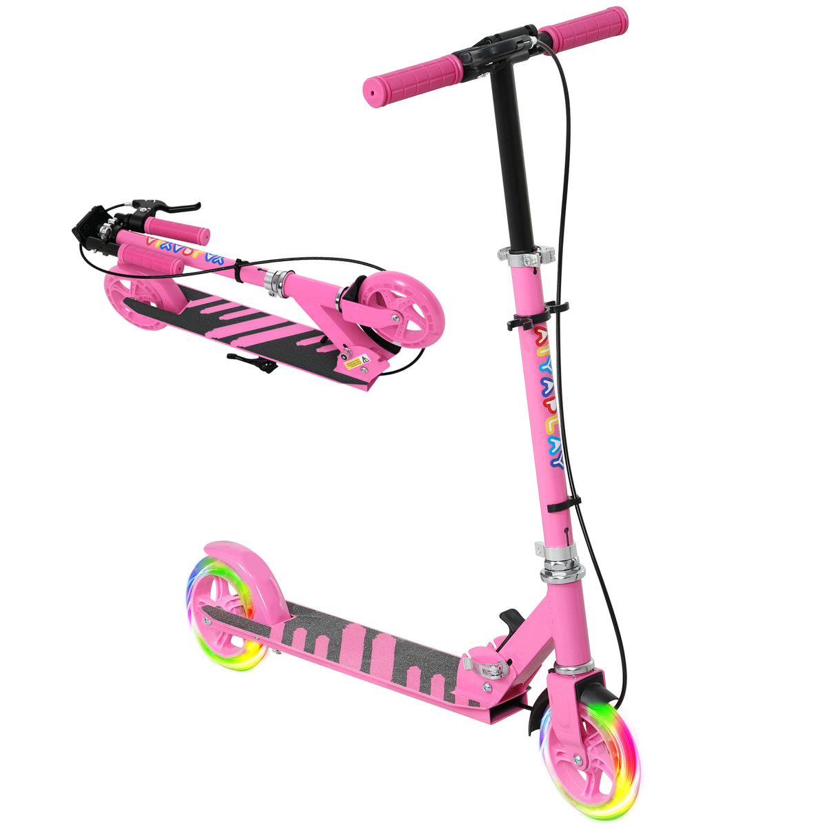 AIYAPLAY Scooter for Kids Ages 3-8 with Adjustable Handle, 2 Light up Wheels, Handbrake & Rear Brake for Girls and Boys, Pink