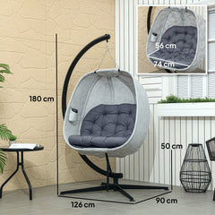 Outsunny Hanging Egg Chair Outdoor Indoor Garden Swing Chair with Folding Basket, Garden Hanging Chair with Stand, Thickened Cushion, Cup Holder for Patio, Balcony, Grey